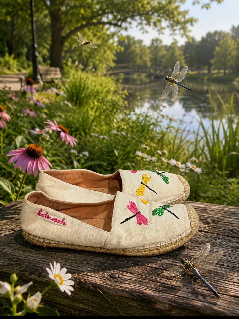 kate spade Cream Espadrille Slip-Ons with dragonfly Embroidery size 7.5